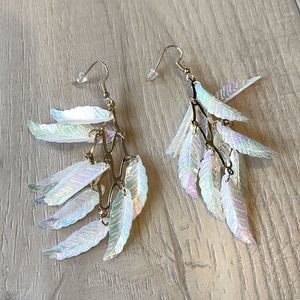 Feather Earrings White Gold Iridescent Unique Bohemian Casual Fairy Jewelry NEW